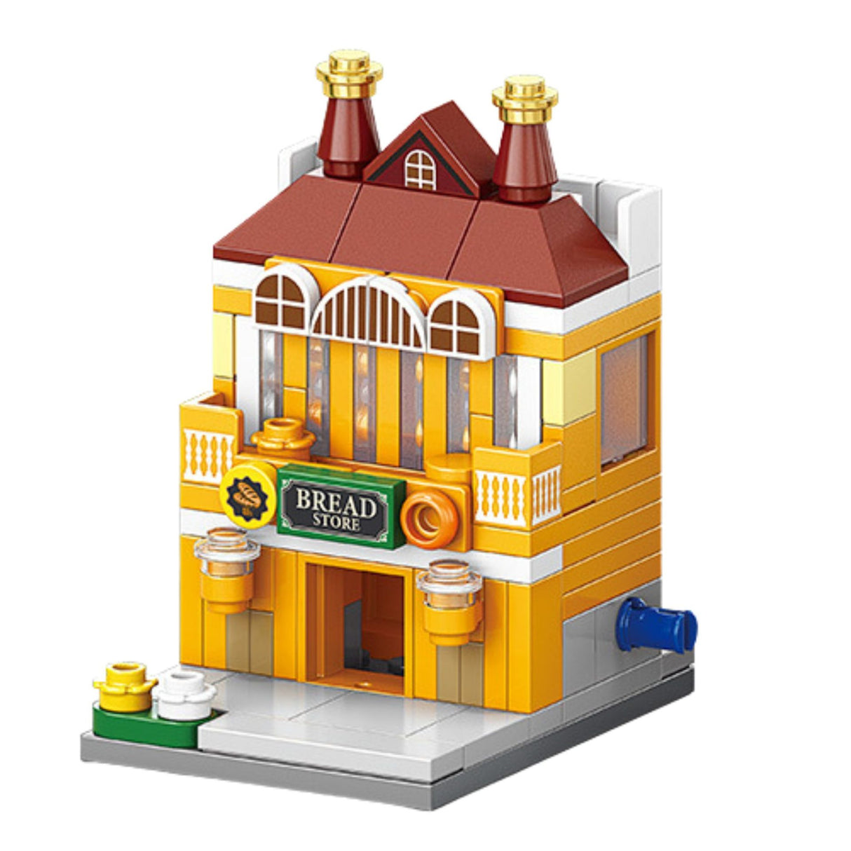 Set de construcție Flippy STEM 125 piese, model 3D Stradă Comercială Europeană, vedere frontală, culori galben și maro