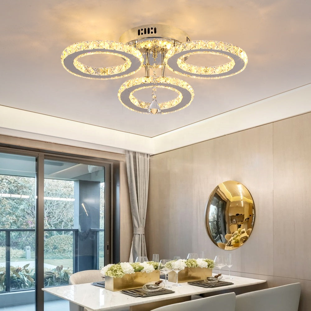 Lustra Led Cu Telecomanda Si Cristal Alanubis, 3 Cercuri, Lumina Rece/Calda/Neutra, Dimabila - vivimall.ro