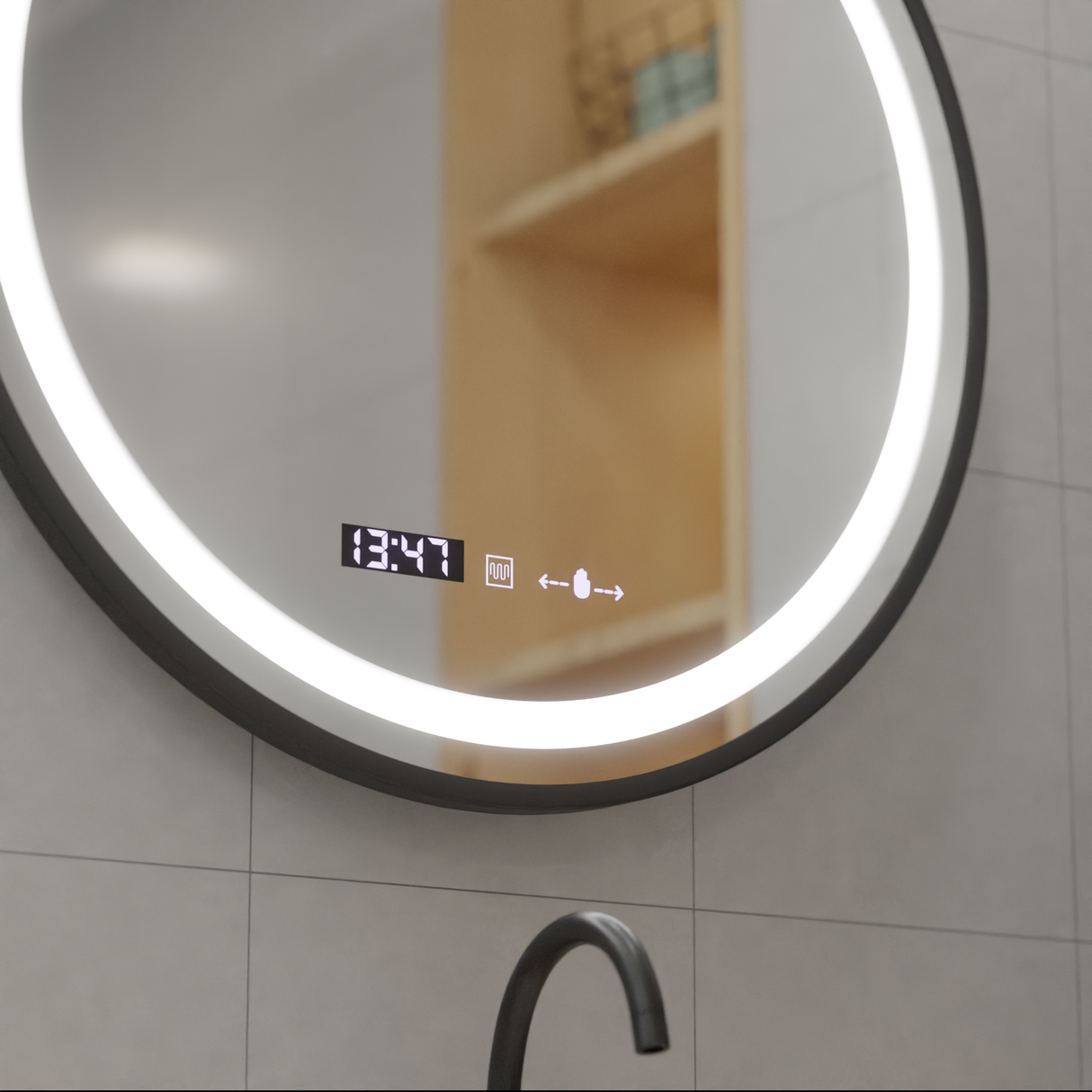 Oglinda Led Rotunda, 70Cm, Celeste Majeste Noir Motionglow Marcello, Sistem Dezaburire, Ceas & Termometru - vivimall.ro