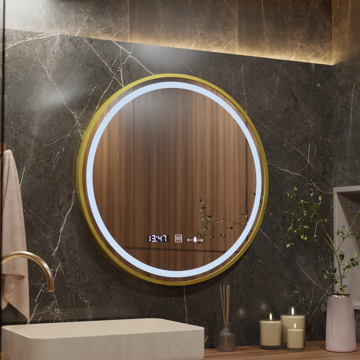 Oglindă LED Rotundă 70cm Celeste Royale Gold | Motionglow - vivimall.ro