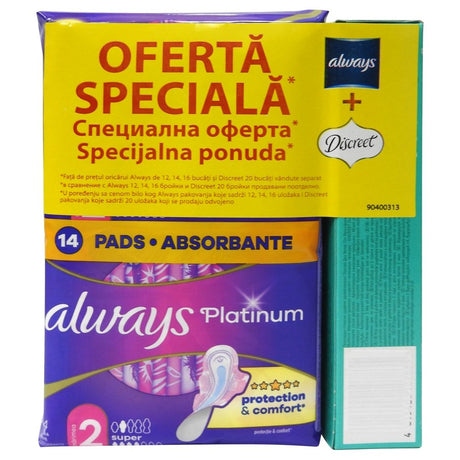 Absorbante Always Platinum Super 14 bucăți și Discreet Zilnice Deo Waterlily 20 bucăți, pachet combinat, vedere frontală