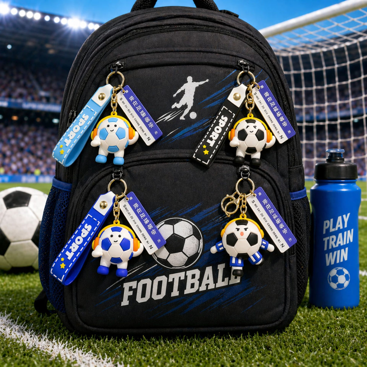 Breloc Chei, Flippy, Model Minge de Fotbal cu Casti, Mesaj Te aștept pe terenul de fotbal, Cupa Mondiala, Accesoriu Pentru Chei si Rucsac, Material Acril, 50 g, Albastru Deschis - vivimall.ro