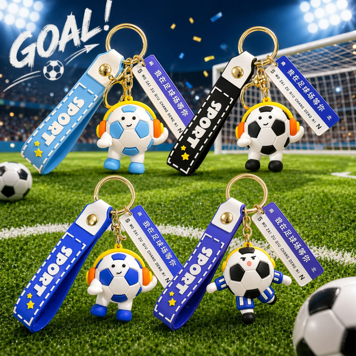 Breloc Chei, Flippy, Model Minge de Fotbal cu Casti, Mesaj Te aștept pe terenul de fotbal, Cupa Mondiala, Accesoriu Pentru Chei si Rucsac, Material Acril, 50 g, Albastru Deschis - vivimall.ro