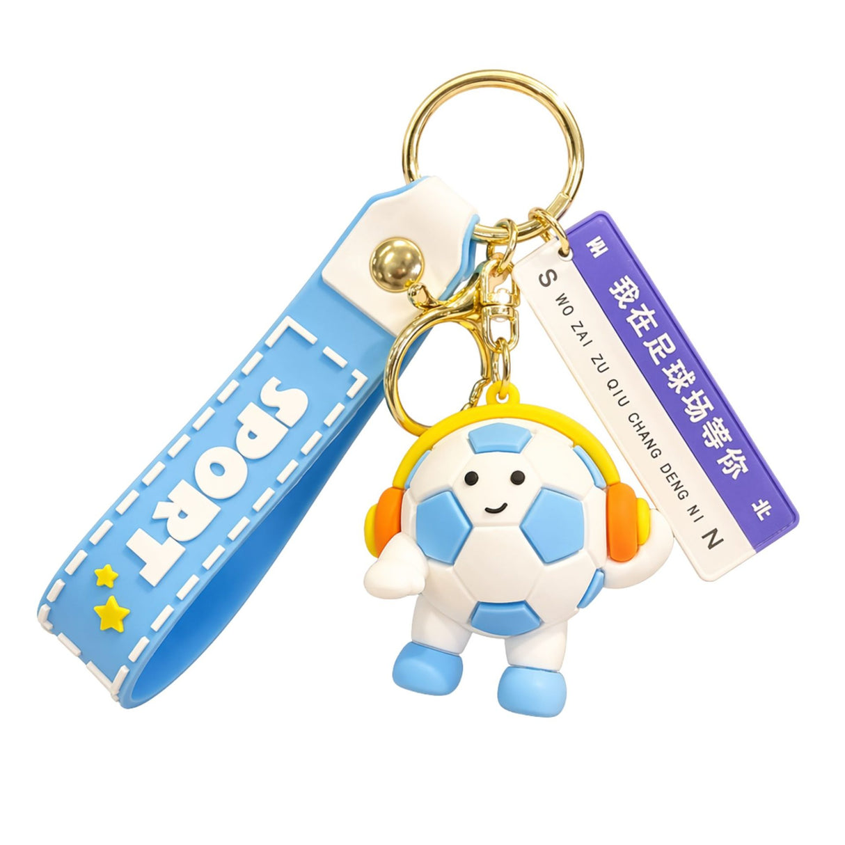 Breloc Chei, Flippy, Model Minge de Fotbal cu Casti, Mesaj Te aștept pe terenul de fotbal, Cupa Mondiala, Accesoriu Pentru Chei si Rucsac, Material Acril, 50 g, Albastru Deschis - vivimall.ro