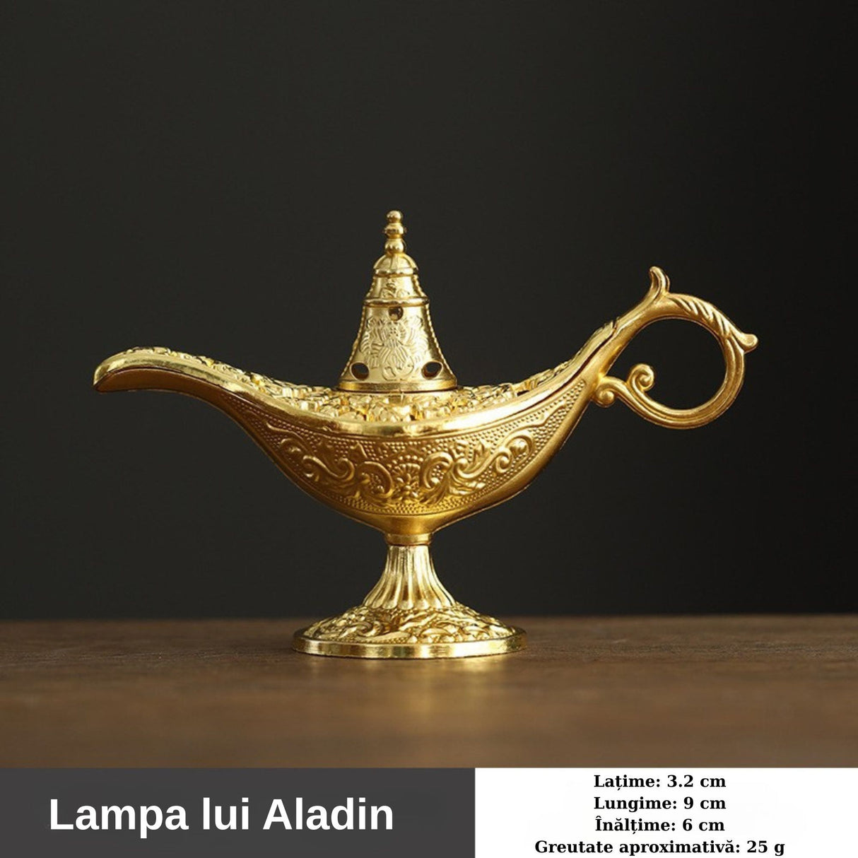 Arzător tămâie Flipppy Lampă Aladin aurie pe suprafață decorativă, perspectivă ambientală