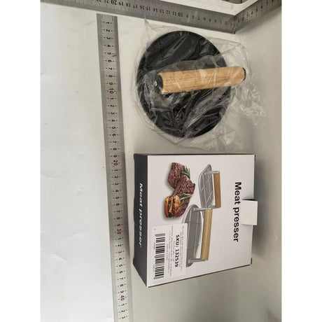Presa Manuala pentru Carne, Vivimall, din Aliaj de Aluminiu, Maner din Lemn, Presa pentru Burgeri, Usor de Curatat si Folosit, Rotunda, 16x16x6 cm, Neagra - vivimall.ro