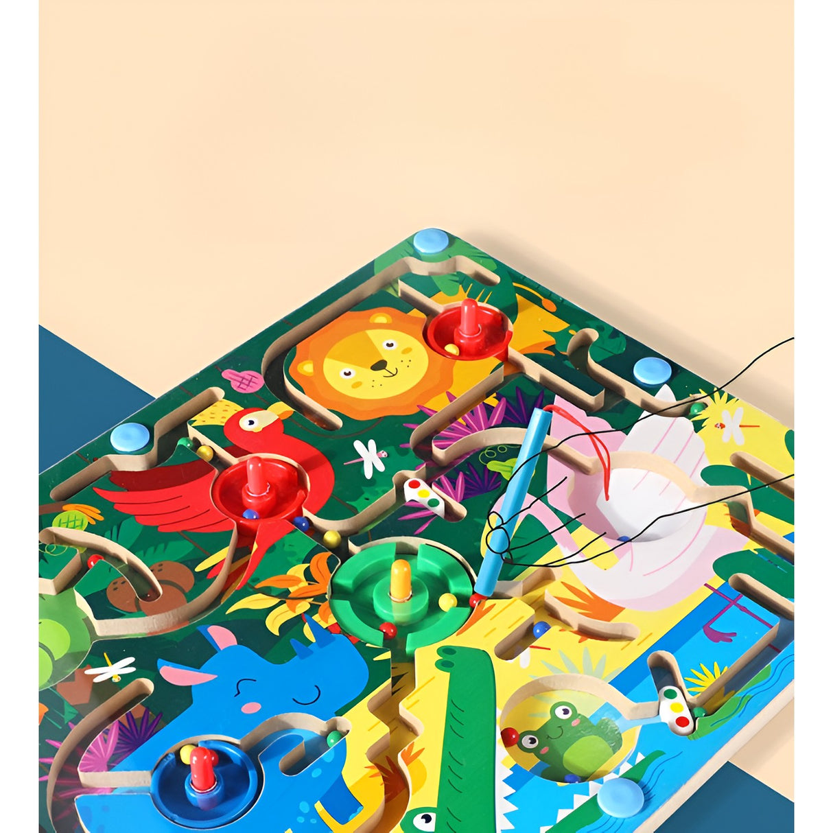 Joc Montessori de Sortare Culori, Vivimall, Creion Magnetic, Tip Labirint Ilustrat, din Lemn, Model Animale Salbatice, 39x29x1.5 cm - vivimall.ro