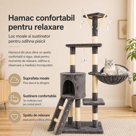 Ansamblu de Joaca pentru Pisici, Flippy, Cat Climbing Frame Multifunctional, cu Platforme, Cusca, Hamac si Scara de Catarare, 49x35x135 cm, Gri - vivimall.ro