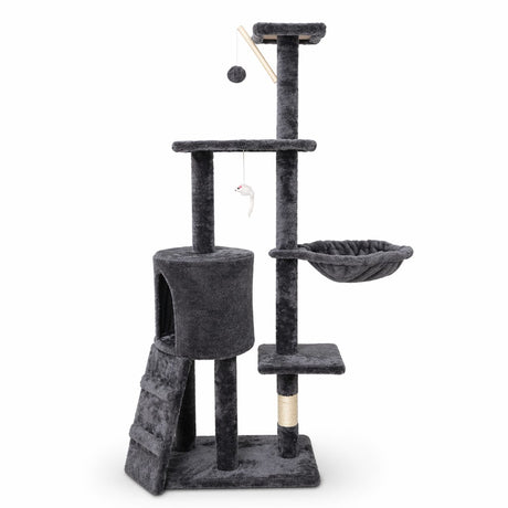 Ansamblu de Joaca pentru Pisici, Flippy, Cat Climbing Frame Multifunctional, cu Platforme, Cusca, Hamac si Scara de Catarare, 49x35x135 cm, Negru - vivimall.ro