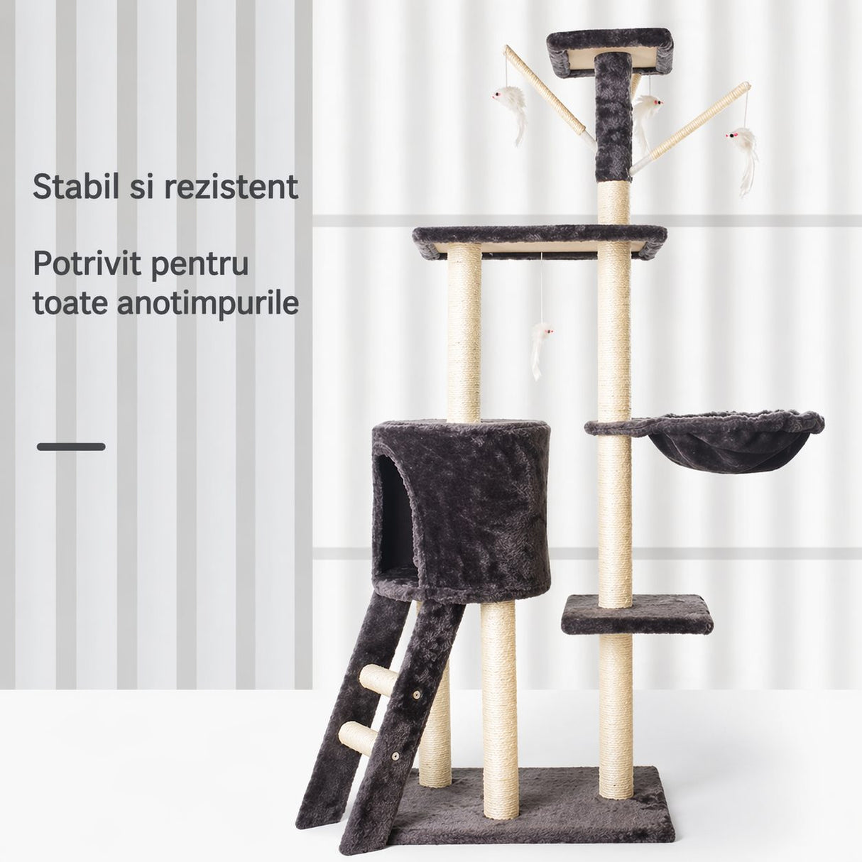 Ansamblu de Joaca pentru Pisici, Flippy, Cat Climbing Frame Multifunctional, cu Platforme, Cusca, Hamac si Scara de Catarare, 49x35x135 cm, Negru - vivimall.ro