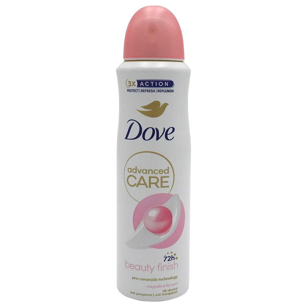 Antiperspirant deodorant Dove Advanced Care Beauty Finish spray 150 ml, vedere frontală, flacon alb