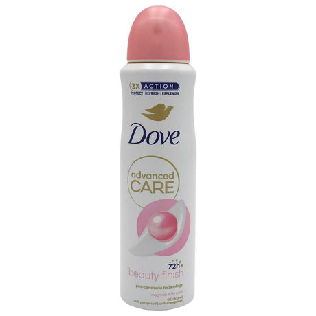 Antiperspirant deodorant Dove Advanced Care Beauty Finish spray 150 ml, vedere frontală, flacon alb