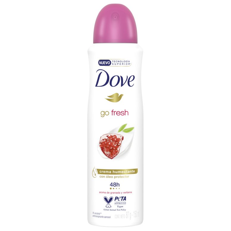 Antiperspirant deodorant spray Dove Go Fresh Rodie și Lămâie, 150 ml, flacon alb cu accente roșii, vedere frontală