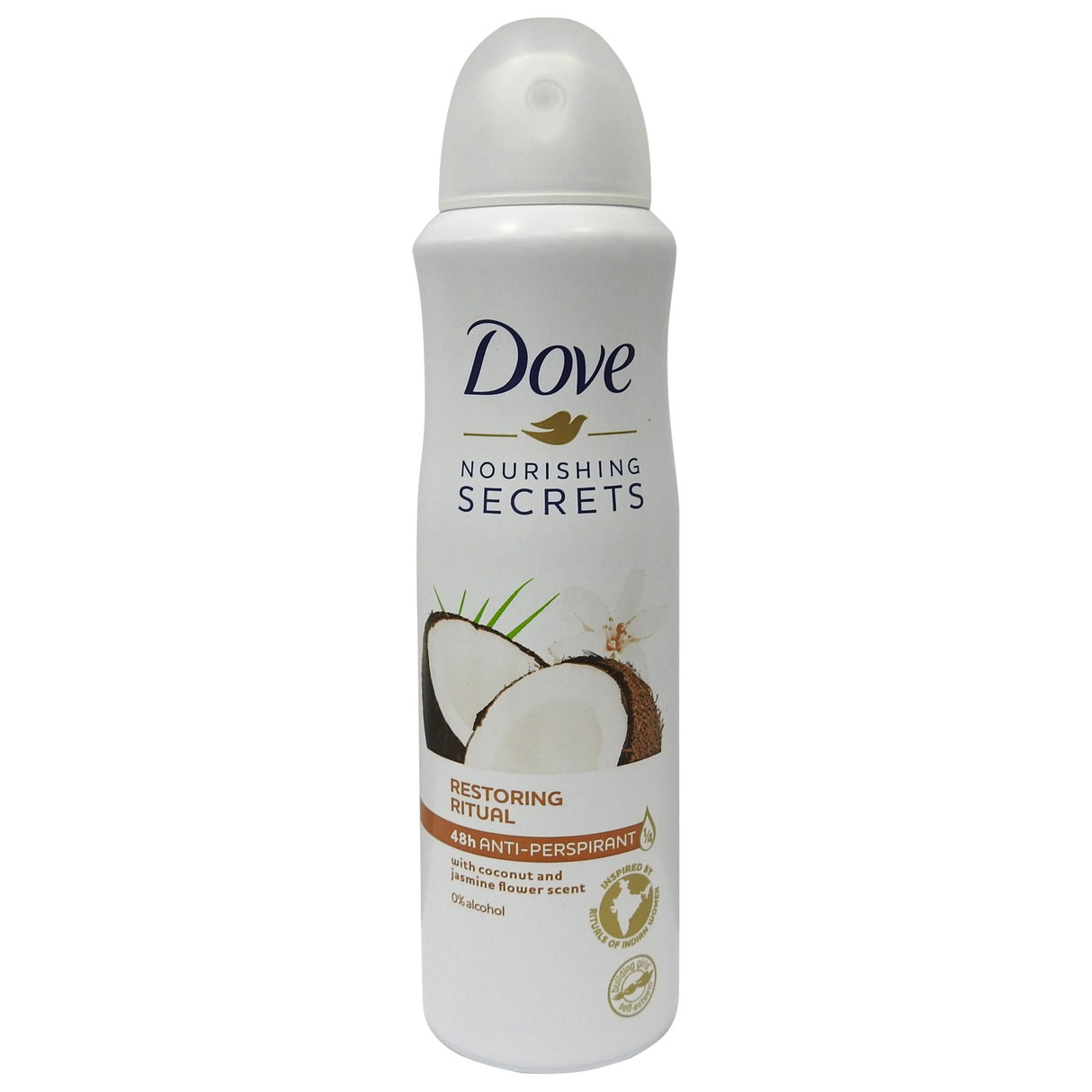Antiperspirant spray Dove Restoring Ritual Cocos și Iasomie, flacon 150 ml, vedere frontală
