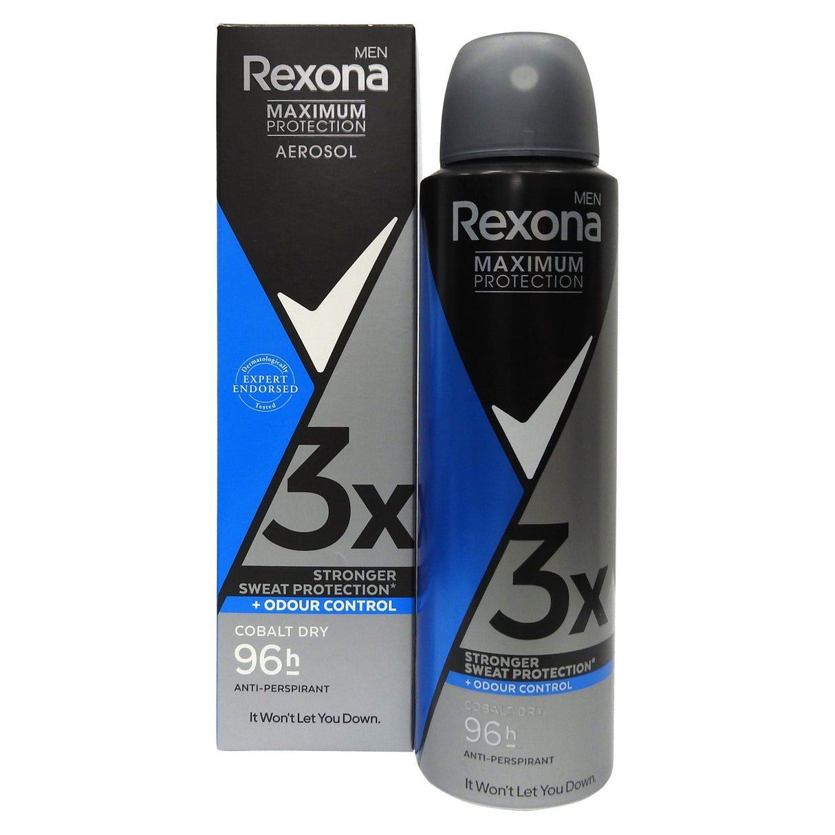 Antiperspirant Rexona Men Maximum Protection Cobalt Dry 150 ml, spray deodorant pentru bărbați, vedere frontală