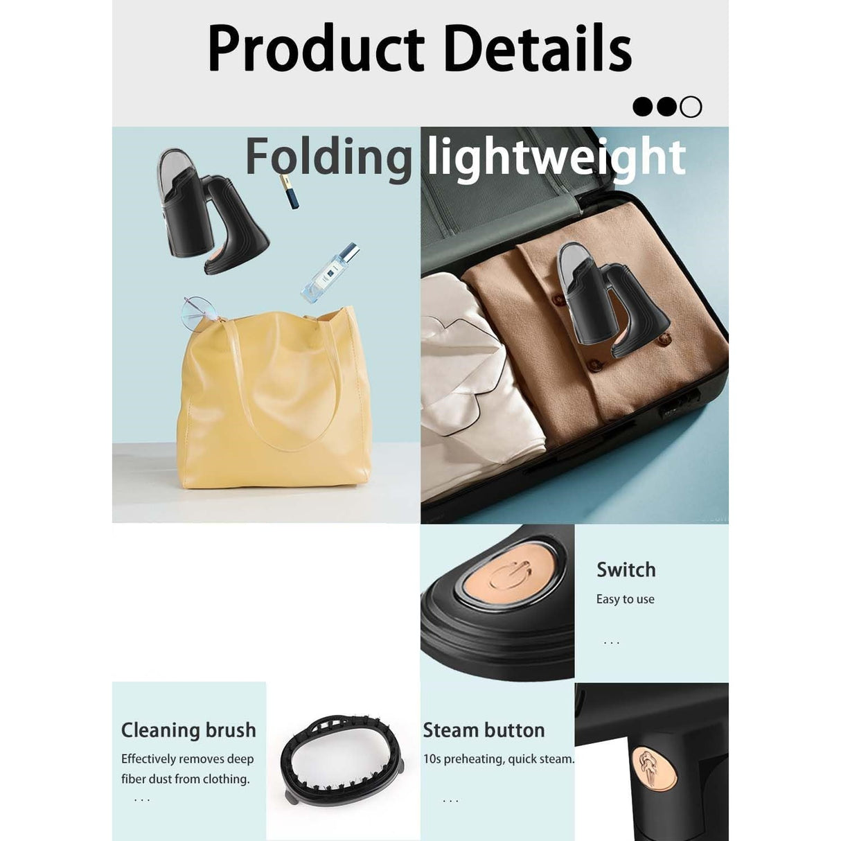 Aparat de Calcat Vertical Portabil cu Abur, Vivimall, Putere 1500W, Rezervor Detasabil de 138ml, Priza, Functie Anti Calcar si Auto Curatare, Pliabil, cu Perie, 20x10.5x8 cm, Negru - vivimall.ro