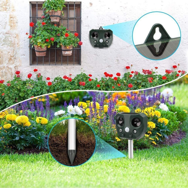 Aparat Solar Led Cu Ultrasunete, Repelent Pentru Animale Mari Si Mici, Lumina Rosie Si Alba, Anti Rozatoare, Anti Insecte, 15 X 14 X 24 Cm, Verde - vivimall.ro