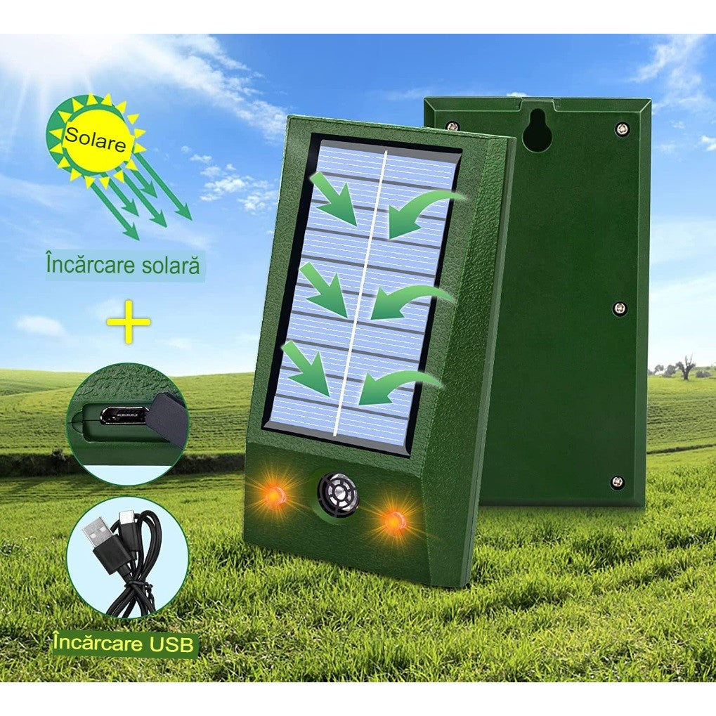 Aparat Solar LED cu Ultrasunete, Vivimall, Repelent pentru Animale Mari si Mici, Lumina Rosie si Alba, Anti Rozatoare, Anti Insecte, Frecventa 9-36.5KHZ, 12 X 6.5 cm, Verde - vivimall.ro