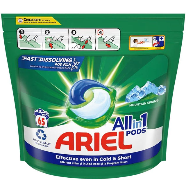 Detergent Capsule pentru Rufe, Ariel, Pods All in 1, Mountain Spring, Set 65 Bucati - vivimall.ro