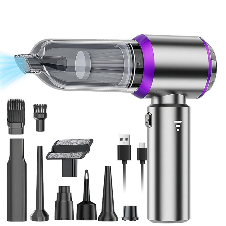 Aspirator Portabil Auto, Vivimall, pentru Casa si Masina, 3 Viteze, Incarcator Tip-C cu Incarcare Rapida, Tub Prelungitor, 2000mAh, 7 Capete de Aspirare si Suflare, 21x20x6.5 cm, Argintiu Mov - vivimall.ro