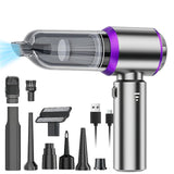 Aspirator Portabil Auto, Vivimall, pentru Casa si Masina, 3 Viteze, Incarcator Tip-C cu Incarcare Rapida, Tub Prelungitor, 2000mAh, 7 Capete de Aspirare si Suflare, 21x20x6.5 cm, Argintiu Mov - vivimall.ro