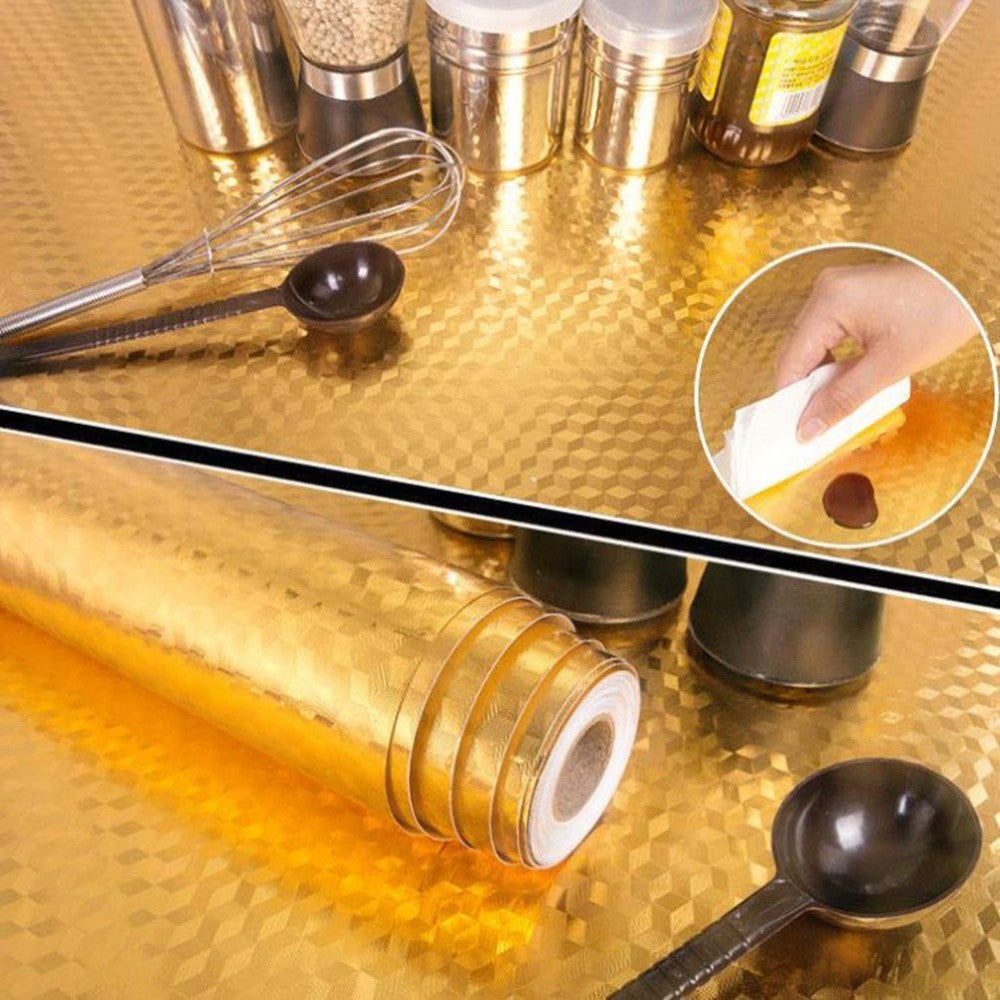 Autocolant de Bucatarie, Vivimall, Autoadeziv, Impermeabil, Rezistent la Temperaturi Ridicate, din PVC, 60 x 100 cm, Model Cub 3D, Auriu - vivimall.ro