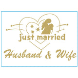 Sticker Autocolant, Vivimall, Tematica Nunta, Model Indragostiti, cu Scris Just Married Husband&Wife, 21x29 cm, Auriu - vivimall.ro