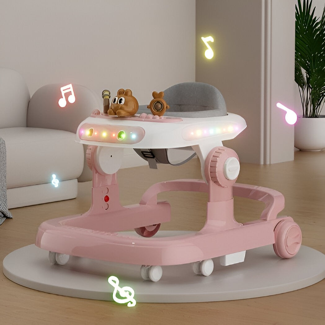 Premergator Multifunctional cu Roti Vivimall, Model Iepuras, Inaltime Ajustabila, Tavita, Muzica, Lumini, 66x59x41 cm, Roz - vivimall.ro