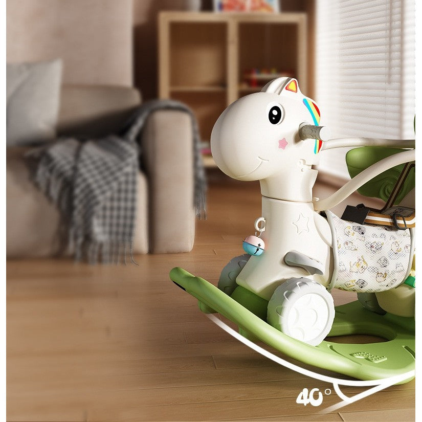 Detaliu bară de siguranță și spătar ergonomic balansoar copii Vivimall 3in1 verde
