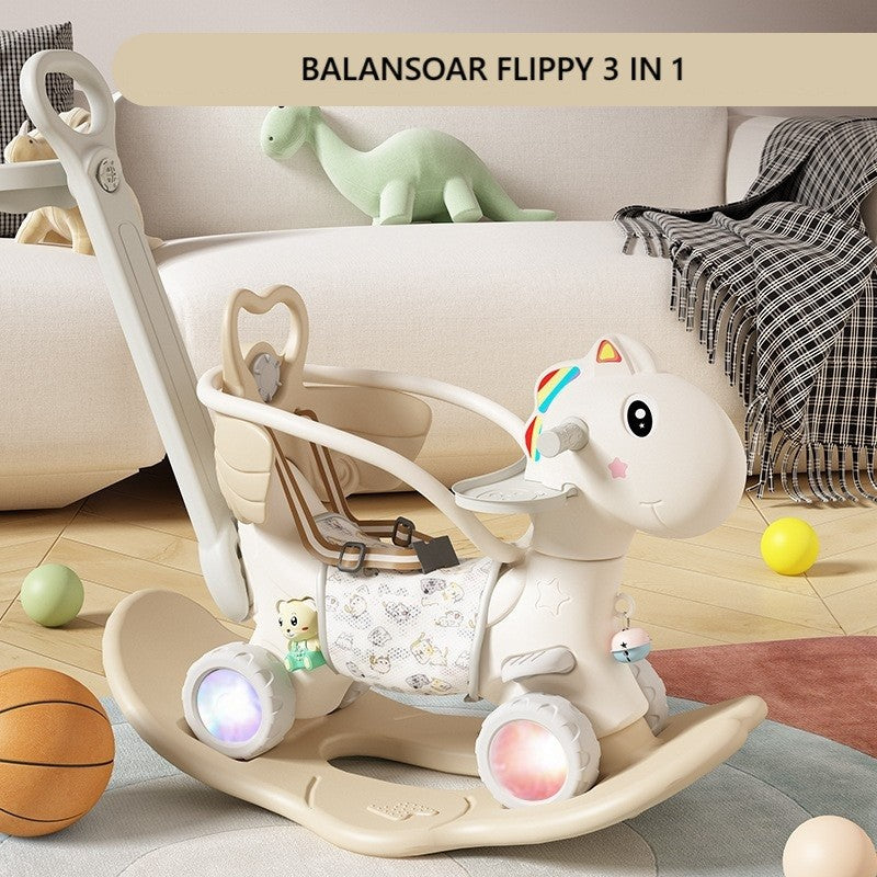 Balansoar pentru Copii, Flippy, 3in1, cu Spatar si Bara de Siguranta, Maner cu Cos de Basket, Tava de Masa, Roti Luminoase, 80 x 43 x 83 cm, din Plastic, + 3 Ani, Bej - vivimall.ro
