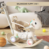 Balansoar pentru Copii, Flippy, 3in1, cu Spatar si Bara de Siguranta, Maner cu Cos de Basket, Tava de Masa, Roti Luminoase, 80 x 43 x 83 cm, din Plastic, + 3 Ani, Bej - vivimall.ro