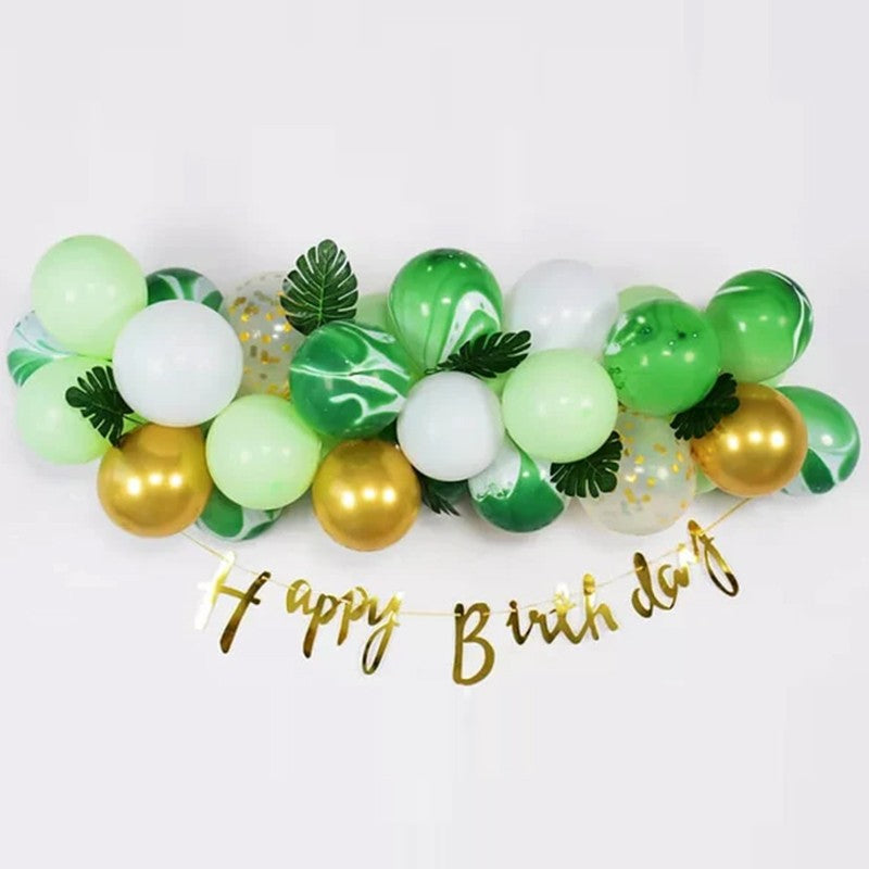 Baloane decorative din Latex si Banner Happy Birthday, Vivimall, Model Aniversare, Set 37 de Piese, Verde, Auriu, Alb - vivimall.ro