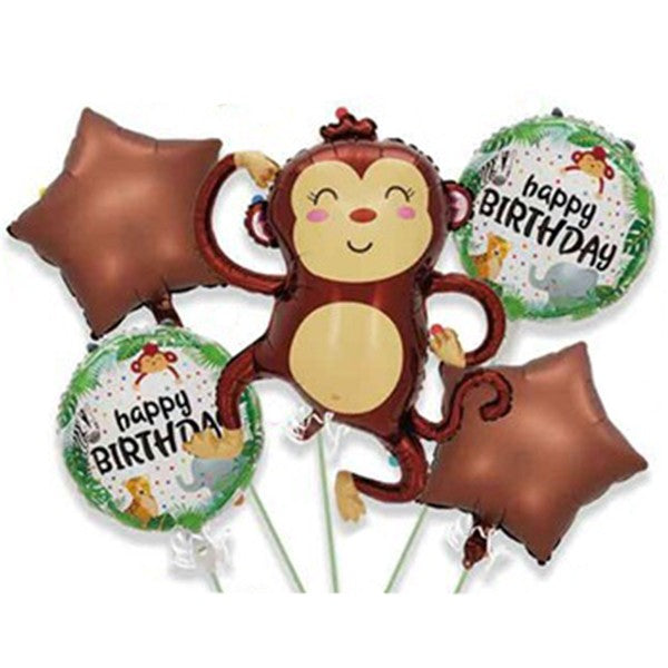 Baloane pentru aniversare, Vivimall, tematica Happy Birthday, set 5 baloane, 1 Maimuta 85 x 89 cm, 2 Stele, 2 Rotunde, din folie de aluminiu, pai de carton inclus, Maro - vivimall.ro