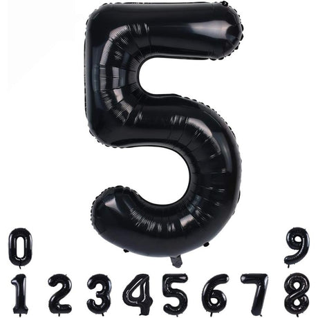 Balon din Folie Metalizata, Vivimall, Figurina Cifra, Tema Aniversare 100 cm, Ambalaj Individual, Pai inclus, Umflare cu Aer sau Heliu, Negru, Cifra 5 - vivimall.ro