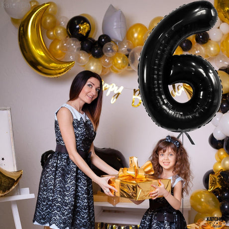 Balon din Folie Metalizata, Vivimall, Figurina Cifra, Tema Aniversare 100 cm, Ambalaj Individual, Pai inclus, Umflare cu Aer sau Heliu, Negru, Cifra 6 - vivimall.ro