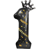 Balon din Folie Metalizata Vivimall, Figurina Cifra si Coroana, Scris Happy Birthday, Tema Aniversare 100 cm, Ambalaj Individual, Pai inclus, Umflare cu Aer sau Heliu, Negru, Cifra 1 - vivimall.ro