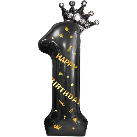 Balon din Folie Metalizata Vivimall, Figurina Cifra si Coroana, Scris Happy Birthday, Tema Aniversare 100 cm, Ambalaj Individual, Pai inclus, Umflare cu Aer sau Heliu, Negru, Cifra 1 - vivimall.ro