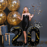 Balon din Folie Metalizata Vivimall, Figurina Cifra si Coroana, Scris Happy Birthday, Tema Aniversare 100 cm, Ambalaj Individual, Pai inclus, Umflare cu Aer sau Heliu, Negru, Cifra 2 - vivimall.ro