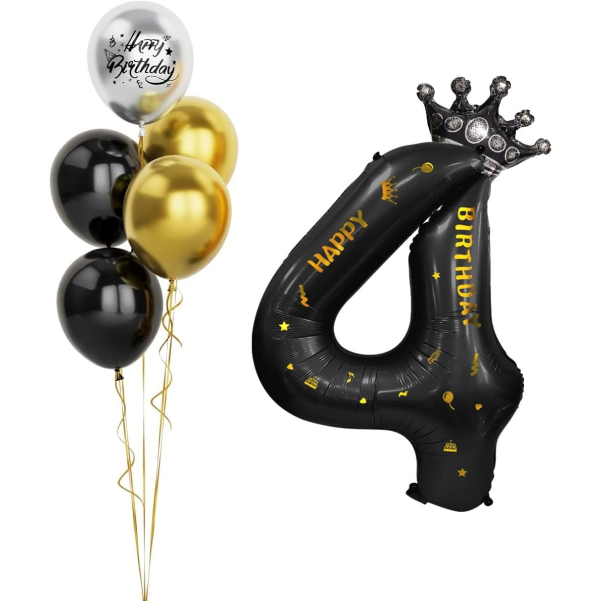 Balon din Folie Metalizata Vivimall, Figurina Cifra si Coroana, Scris Happy Birthday, Tema Aniversare 100 cm, Ambalaj Individual, Pai inclus, Umflare cu Aer sau Heliu, Negru, Cifra 4 - vivimall.ro