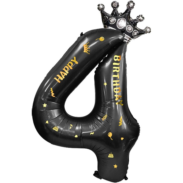 Balon din Folie Metalizata Vivimall, Figurina Cifra si Coroana, Scris Happy Birthday, Tema Aniversare 100 cm, Ambalaj Individual, Pai inclus, Umflare cu Aer sau Heliu, Negru, Cifra 4 - vivimall.ro