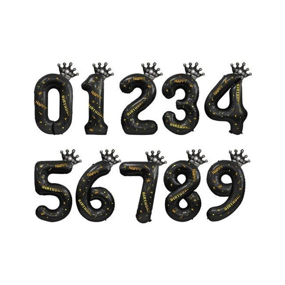 Balon din Folie Metalizata Vivimall, Figurina Cifra si Coroana, Scris Happy Birthday, Tema Aniversare 100 cm, Ambalaj Individual, Pai inclus, Umflare cu Aer sau Heliu, Negru, Cifra 8 - vivimall.ro
