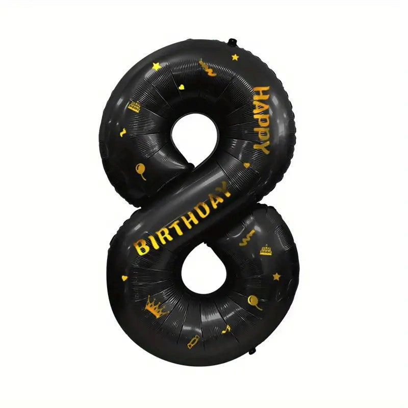 Balon din Folie Metalizata Vivimall, Figurina Cifra si Coroana, Scris Happy Birthday, Tema Aniversare 100 cm, Ambalaj Individual, Pai inclus, Umflare cu Aer sau Heliu, Negru, Cifra 8 - vivimall.ro