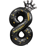 Balon din Folie Metalizata Vivimall, Figurina Cifra si Coroana, Scris Happy Birthday, Tema Aniversare 100 cm, Ambalaj Individual, Pai inclus, Umflare cu Aer sau Heliu, Negru, Cifra 8 - vivimall.ro