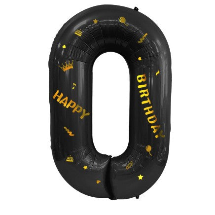 Balon din Folie Metalizata Vivimall, Figurina Cifra, Scris Happy Birthday, Tema Aniversare 100 cm, Ambalaj Individual, Pai inclus, Umflare cu Aer sau Heliu, Negru, Cifra 0 - vivimall.ro