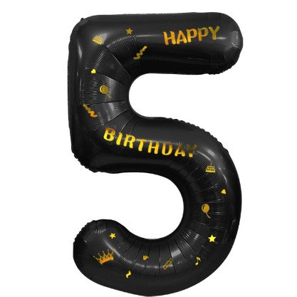 Balon din Folie Metalizata Vivimall, Figurina Cifra, Scris Happy Birthday, Tema Aniversare 100 cm, Ambalaj Individual, Pai inclus, Umflare cu Aer sau Heliu, Negru, Cifra 5 - vivimall.ro
