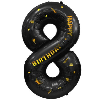 Balon din Folie Metalizata Vivimall, Figurina Cifra, Scris Happy Birthday, Tema Aniversare 100 cm, Ambalaj Individual, Pai inclus, Umflare cu Aer sau Heliu, Negru, Cifra 8 - vivimall.ro