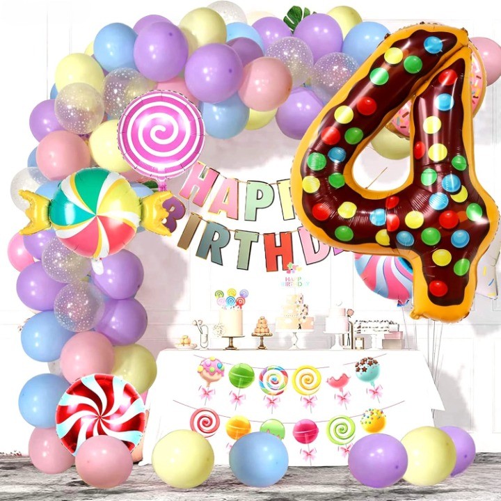 Balon din Folie Metalizata Vivimall, Figurina Cifra, Imprimeu Gogosi, Tema Aniversare 100 cm, Ambalaj Individual, Pai inclus, Umflare cu Aer sau Heliu, Multicolor, Cifra 4 - vivimall.ro