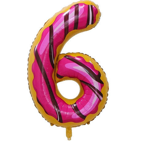 Balon din Folie Metalizata Vivimall, Figurina Cifra, Imprimeu Gogosi, Tema Aniversare 100 cm, Ambalaj Individual, Pai inclus, Umflare cu Aer sau Heliu, Multicolor, Cifra 6 - vivimall.ro