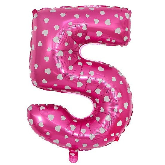 Balon din Folie Metalizata Vivimall, Figurina Cifra, Imprimeu Inimi, Tema Aniversare 80 cm, Ambalaj Individual, Pai inclus, Umflare cu Aer sau Heliu, Roz, Cifra 5 - vivimall.ro