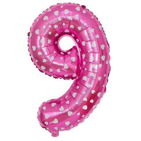 Balon din Folie Metalizata Vivimall, Figurina Cifra, Imprimeu Inimi, Tema Aniversare 80 cm, Ambalaj Individual, Pai inclus, Umflare cu Aer sau Heliu, Roz, Cifra 9 - vivimall.ro